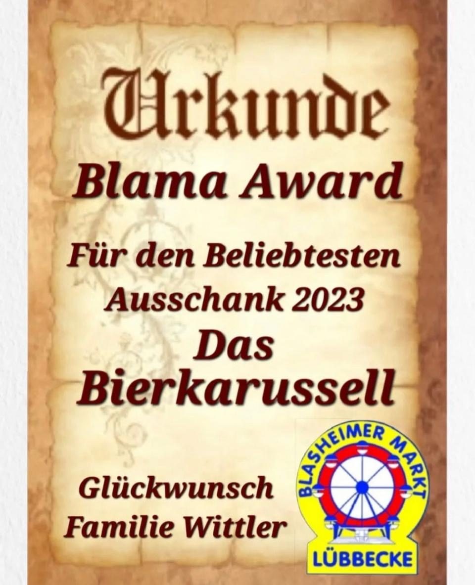 Urkunde Blama Award für den beliebtesten Ausschank 2023, Das Bierkarussell, mit dem Logo des Blasheimer Marktes Lübbecke